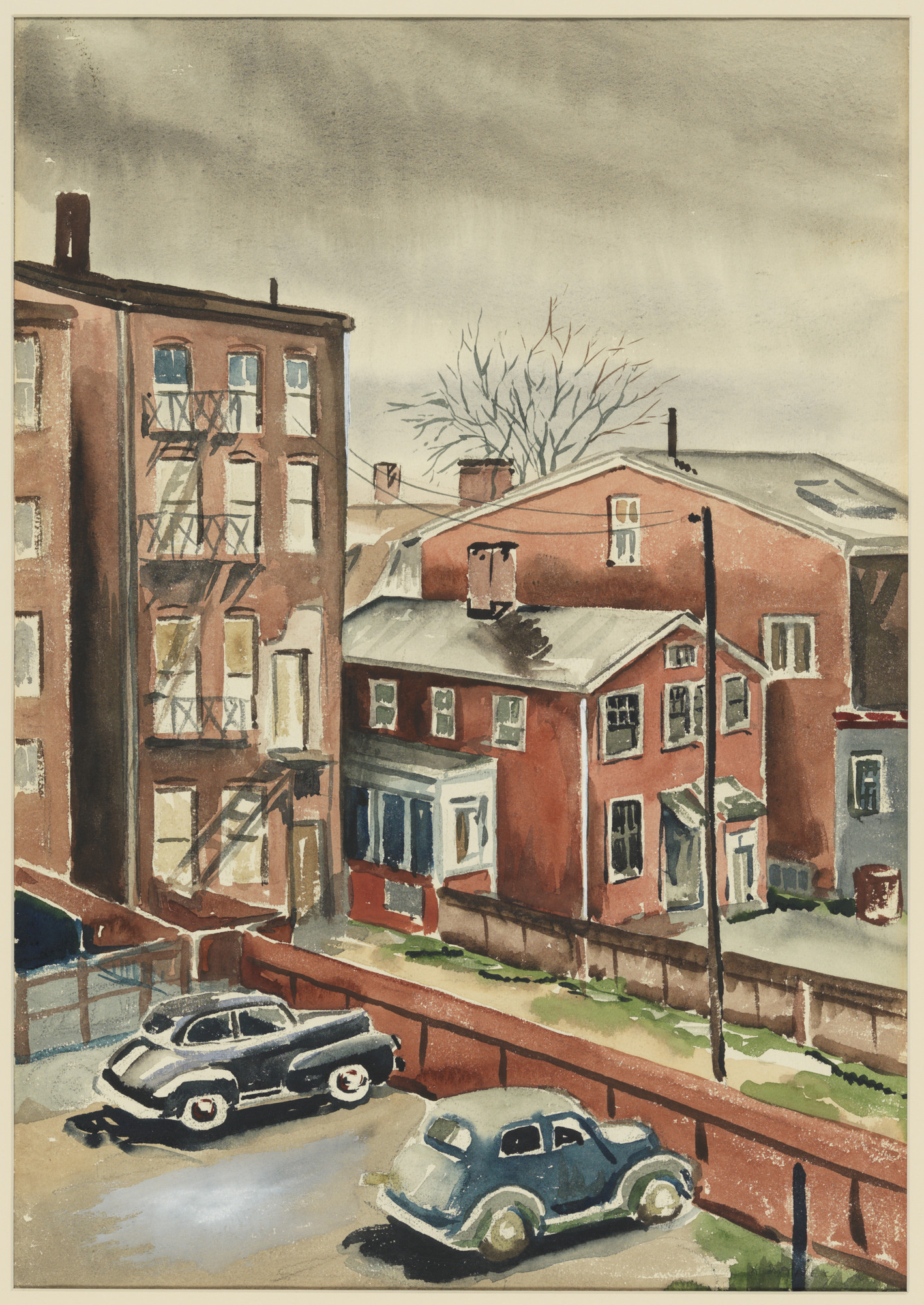 painting showing rear yard of urban residential buildings