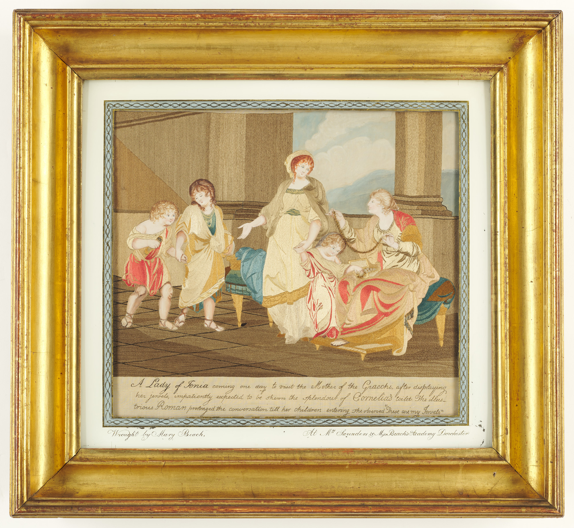 Cornelia and the Gracchi, Mary Beach (1786–1843), needlework picture after a 1788 engraving by Francesco Bartolozzi,1804-05