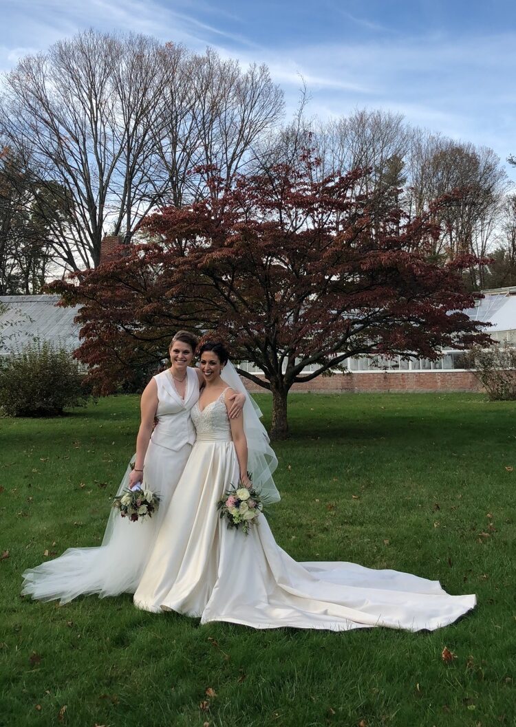 bride and bride in Lyman Estate landscape