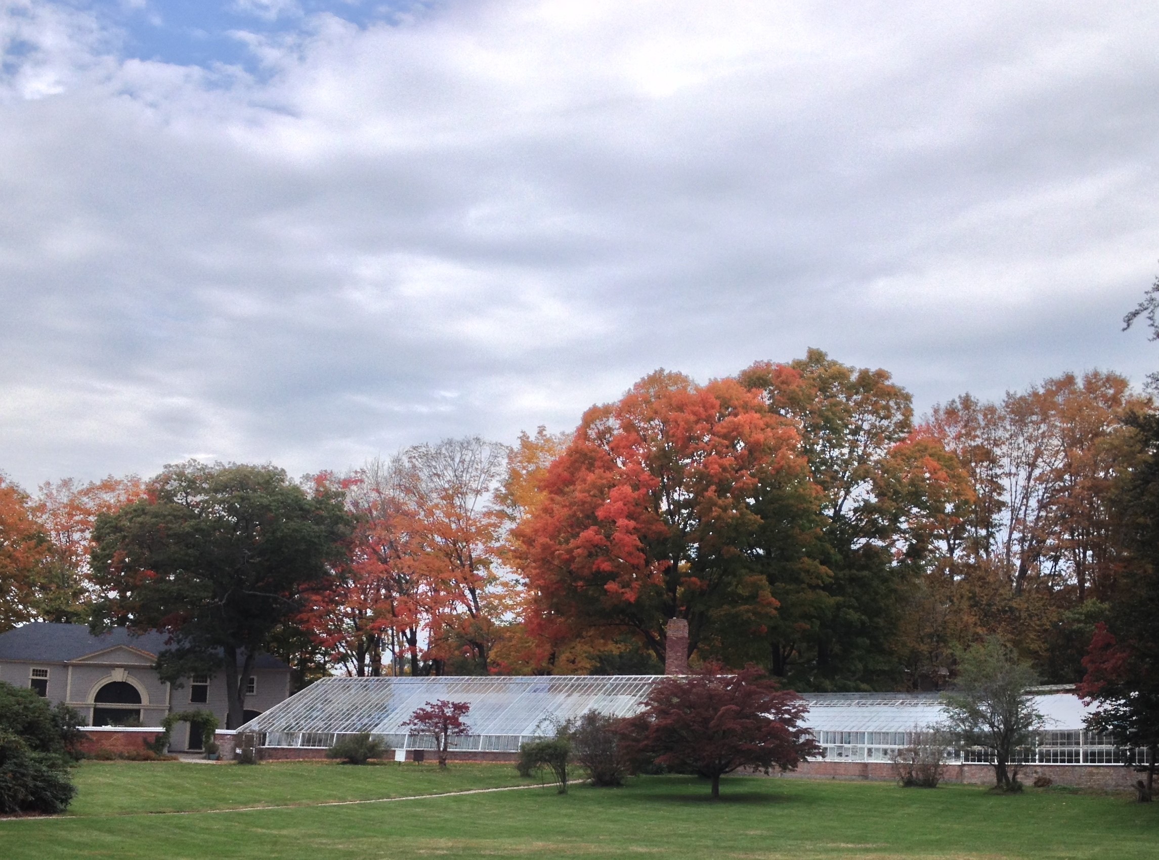 Lyman Estate greenhouses and fall foliage