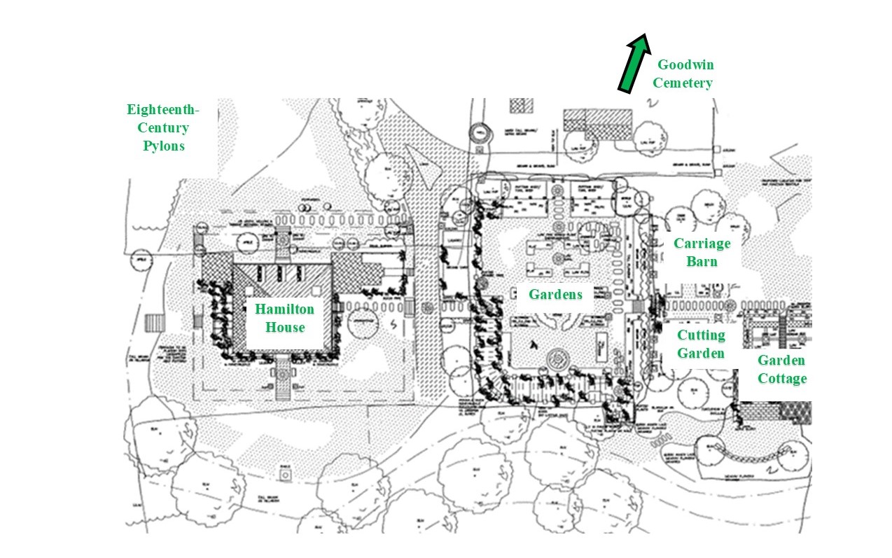 Line drawn map showing Hamilton House site and garden