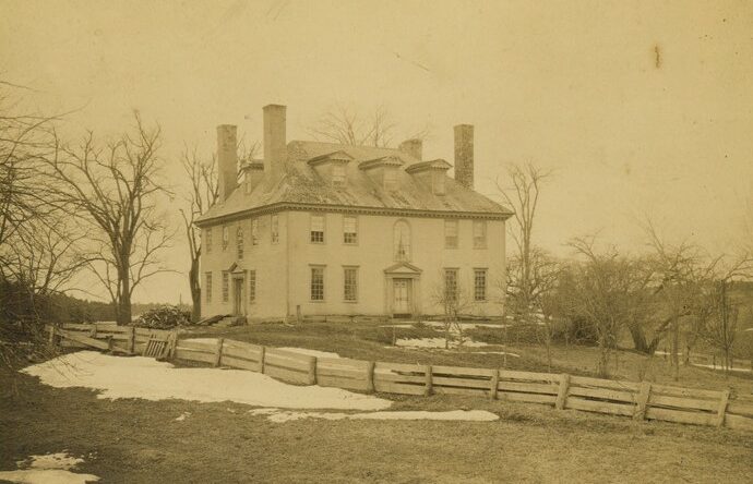 Sepia toned photograph of Hamilton House in winter