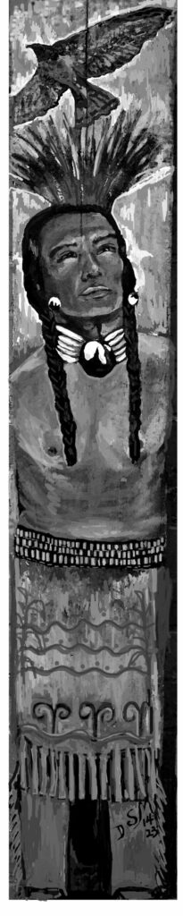 Artwork by Indigenous artist of Indigenous man with braids and traditional dress looking up at hawk fling overhead.