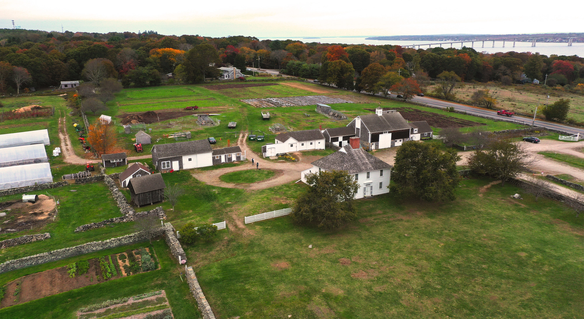 Overhead view of farmyard and fields