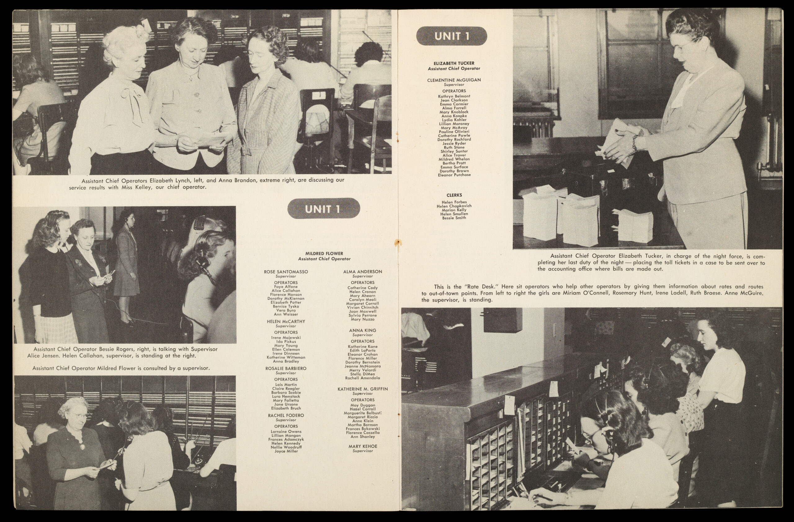 Two-page spread showing women working and discussing tasks in an office environment, with their roles and names labeled.