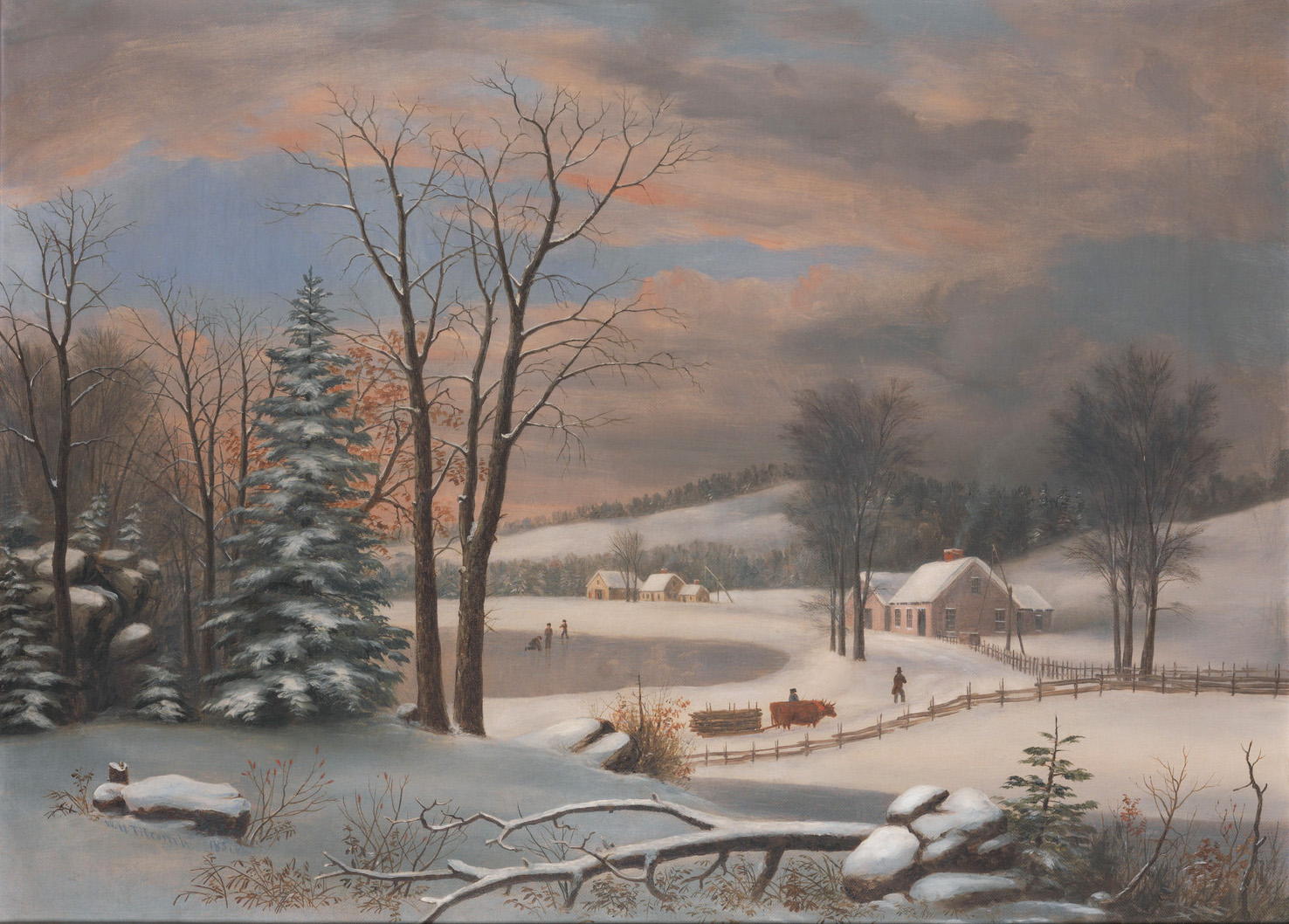 William Titcomb's painting called Winter Scene, 1851. Showing a snowy landscape with ox cart, skating pond and buildings in the distance.