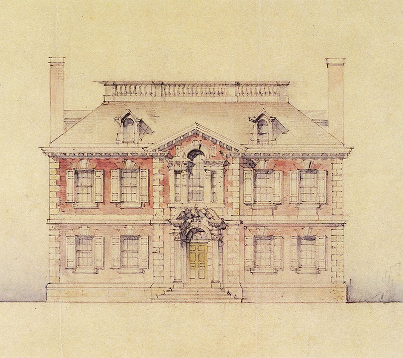 Architectural elevation on brick house showing two chimneys, gable windows, and balustrade.