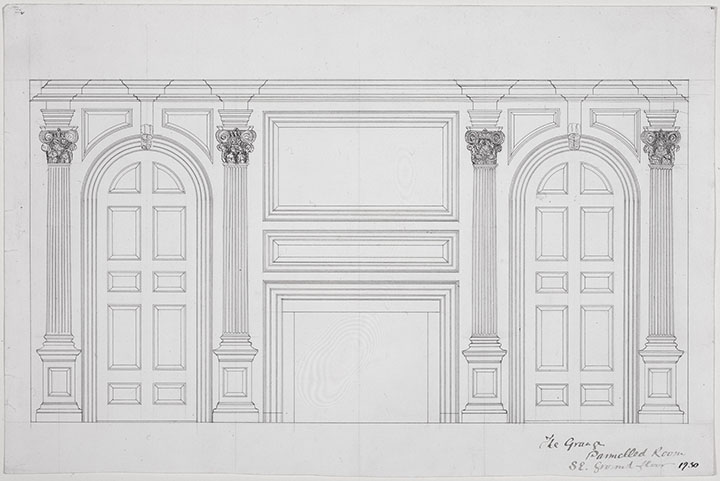 Architectural drawing of interior paneling with columns and arches.