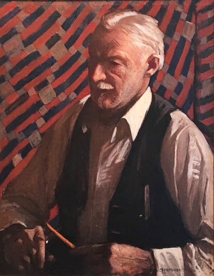 Typical of Fiske's best portraiture, the subject in Man Whittling is brightly lit and sharply contoured.