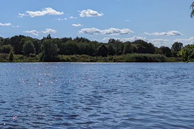 Charles River in foreground with trees on river bank
