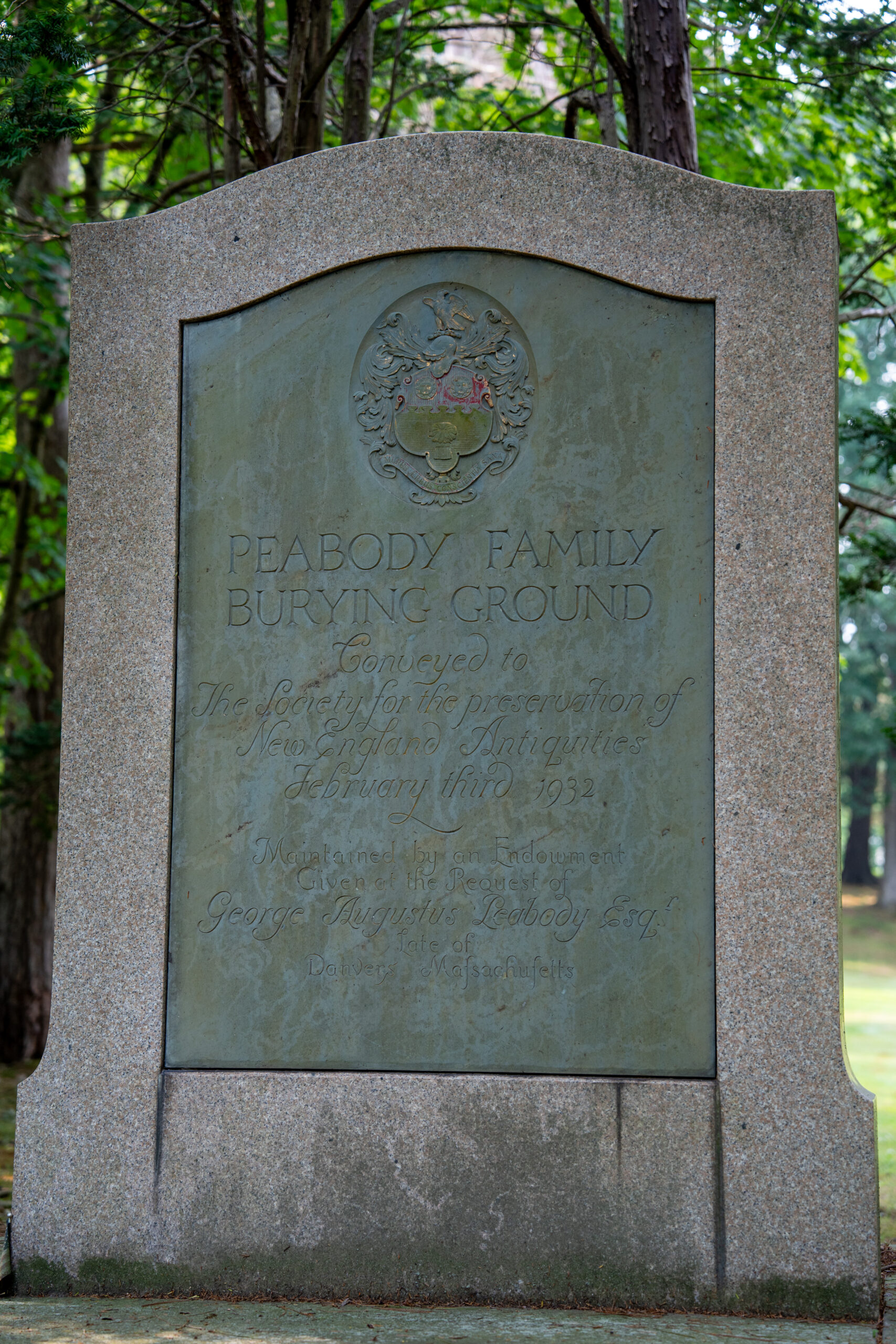 Large, ornate marker that read, Peabody Family Burying Ground. Conveyed to the Society for the Preservation of New England Antiquities. February 3, 1932. Maintained by an endowment given at the request of George Augustus Peabody, Esq. Late of Danvers, Massachusetts.