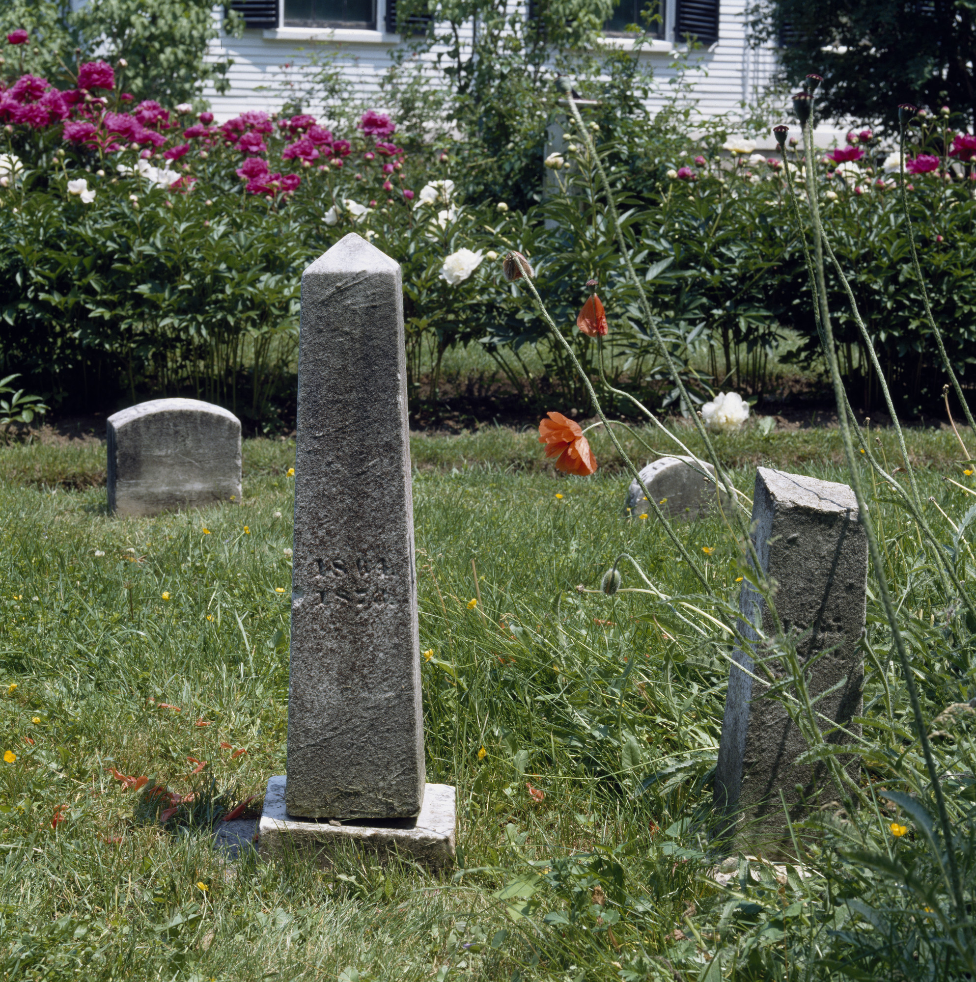 Four grave markers in a grassy area surrounded by flowers.