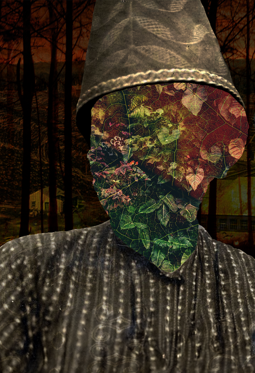 Collage of a person with their face obscured by vegetation