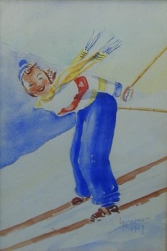 A woman is skiing downhill on skiis with poles. She is wearing blue pants and a sweater colored red, yellow, and blue. She is also wearing a yellow scarf and a blue hat. The woman is looking back at the viewer and smiling.