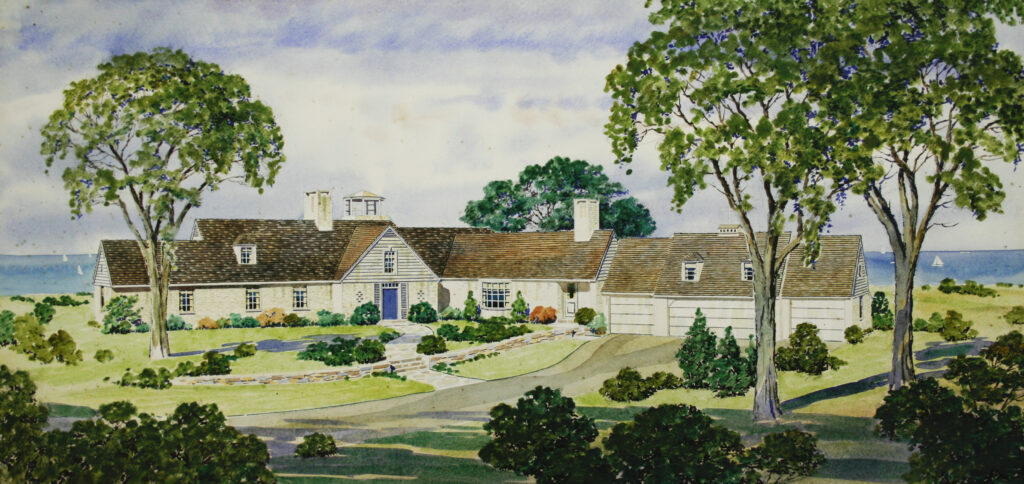 Artistic rendering of a traditional coastal house with a garden and ocean in the background, framed by large trees.