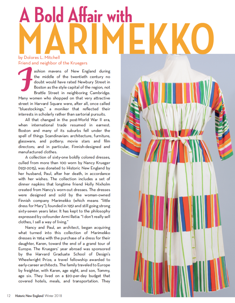 Page with article titled "A Bold Affair with Marimekko" and an image of a colorful striped dress.