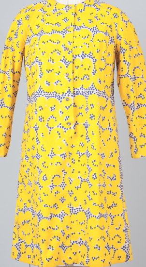 Yellow dress with blue and purple abstract floral pattern and long sleeves.