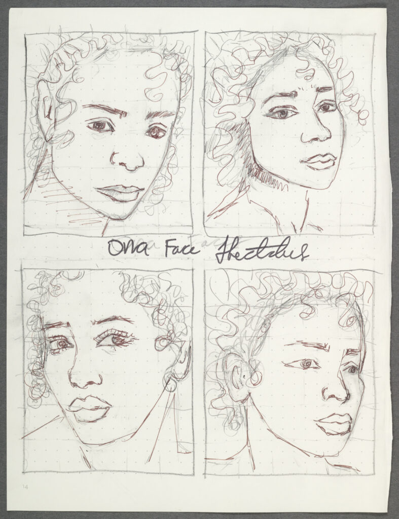 Four sketched portraits of a person's face on grid paper, labeled "Ona Face Studies."