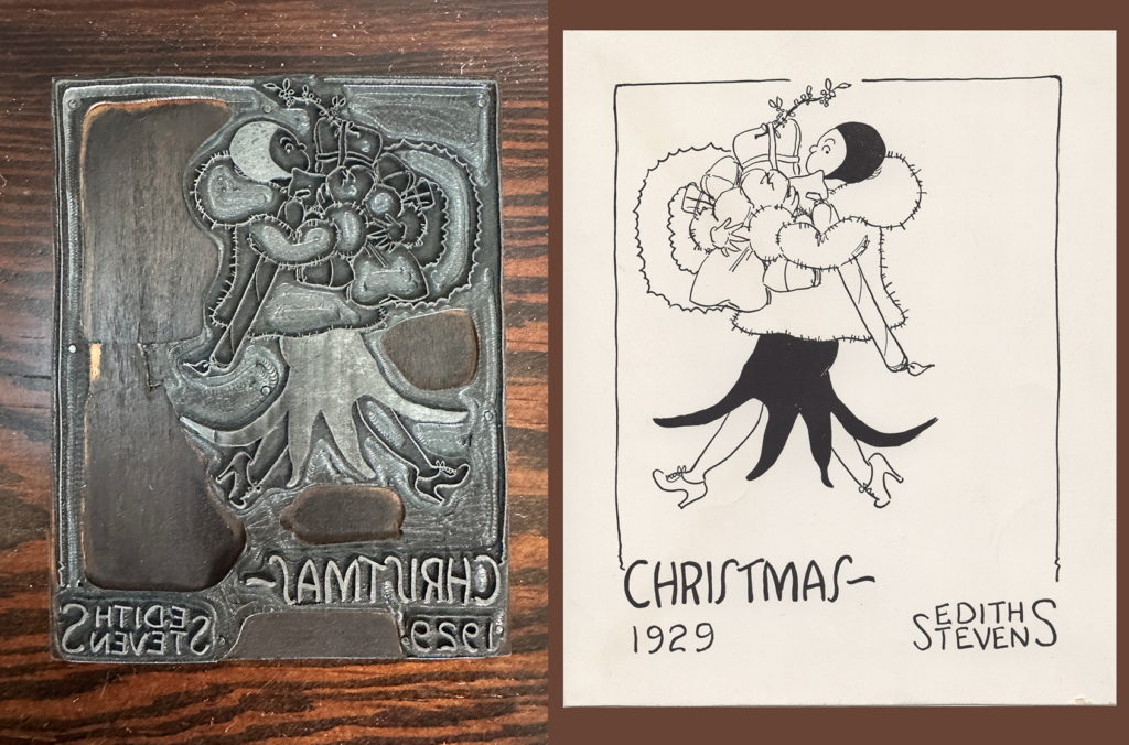 Metal printing block and its print showing two figures in winter clothing with bundles of gifts. Transcribed Text: Left (on the block): "CHRISTMAS 1929 EDITH STEVENS" (reversed due to the nature of the block) Right (on the print): "CHRISTMAS 1929 EDITH STEVENS"