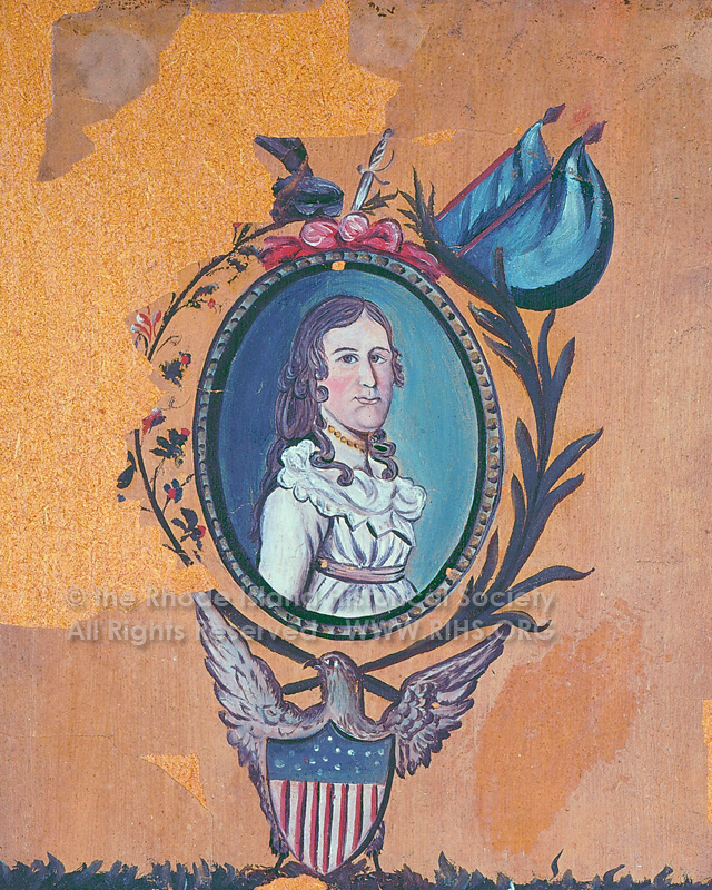 Oval portrait of a woman in a white dress surrounded by floral decorations and an eagle holding a shield. Transcribed Text: The Rhode Island Historical Society All Rights Reserved