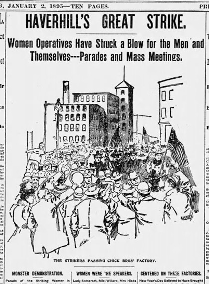 Newspaper illustration of a women's strike with a crowd in front of factory buildings holding flags. Transcribed Text: HAVERHILL'S GREAT STRIKE. Women Operatives Have Struck a Blow for the Men and Themselves---Parades and Mass Meetiings. The Strikers Passing Chick Bros’ Factory.