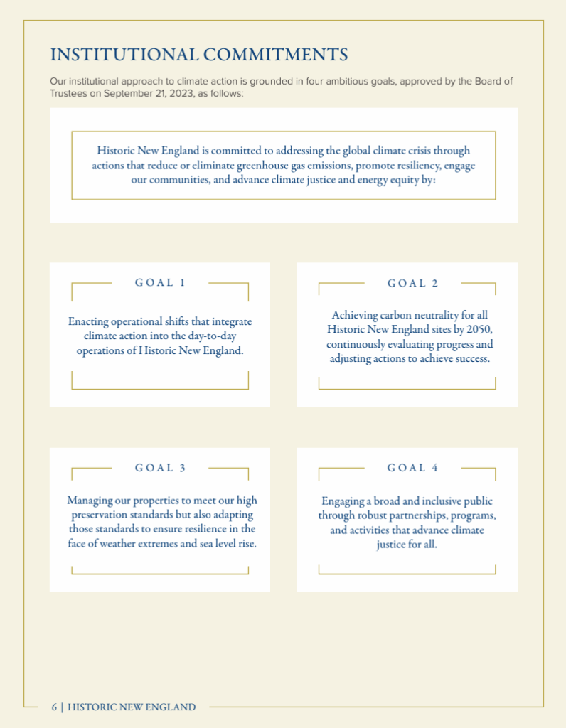 Page detailing Historic New England's climate action goals, including operational shifts, carbon neutrality, property management, and public engagement.
