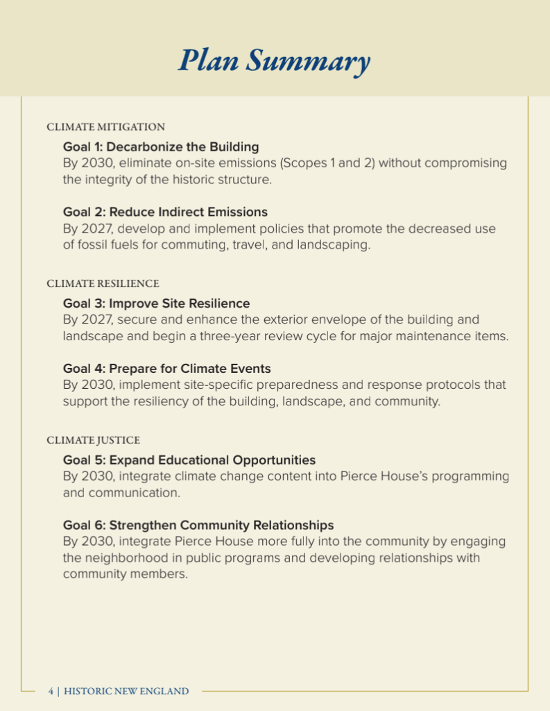 Page summarizing climate-related goals for mitigation, resilience, and justice with specific target actions.