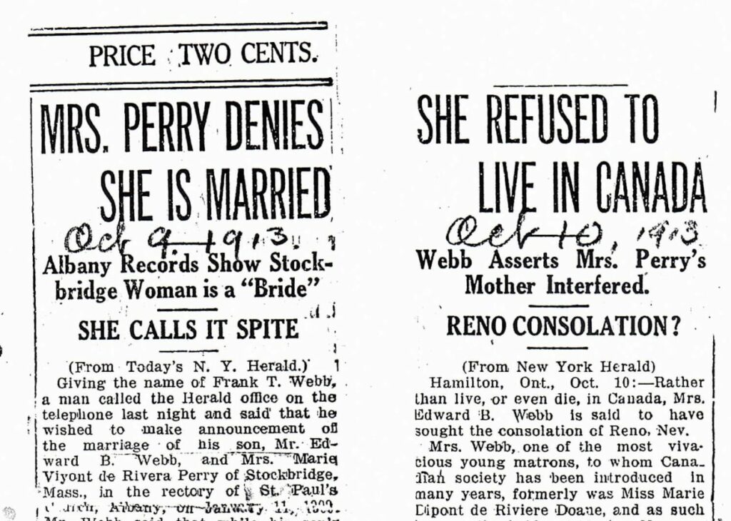 Scanned newspaper page featuring articles about Mrs. Perry denying a marriage claim.