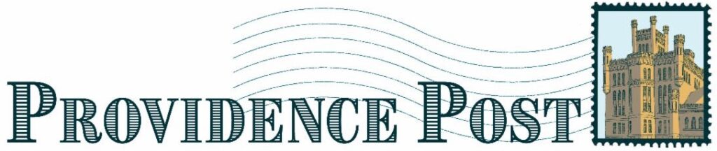 "Providence Post" logo with postal theme, including stylized text and a castle image on a stamp. Transcribed Text: PROVIDENCE POST