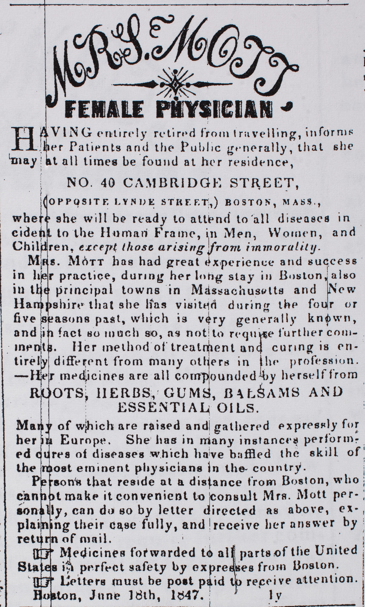 Mrs. Mott "The Celebrated Female Physician"