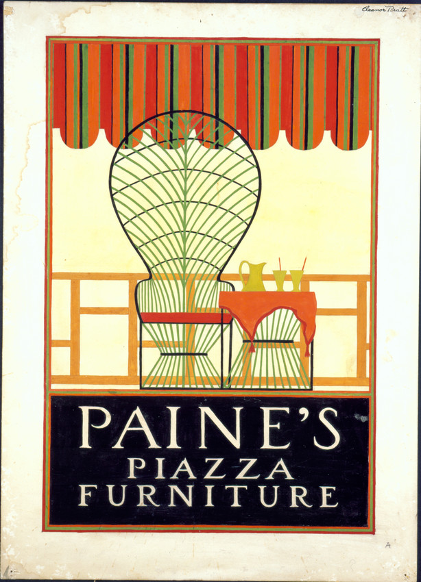 Vintage advertisement for "Paine's Piazza Furniture" featuring a wicker chair under a striped awning. Transcribed Text: PAINE'S PIAZZA FURNITURE