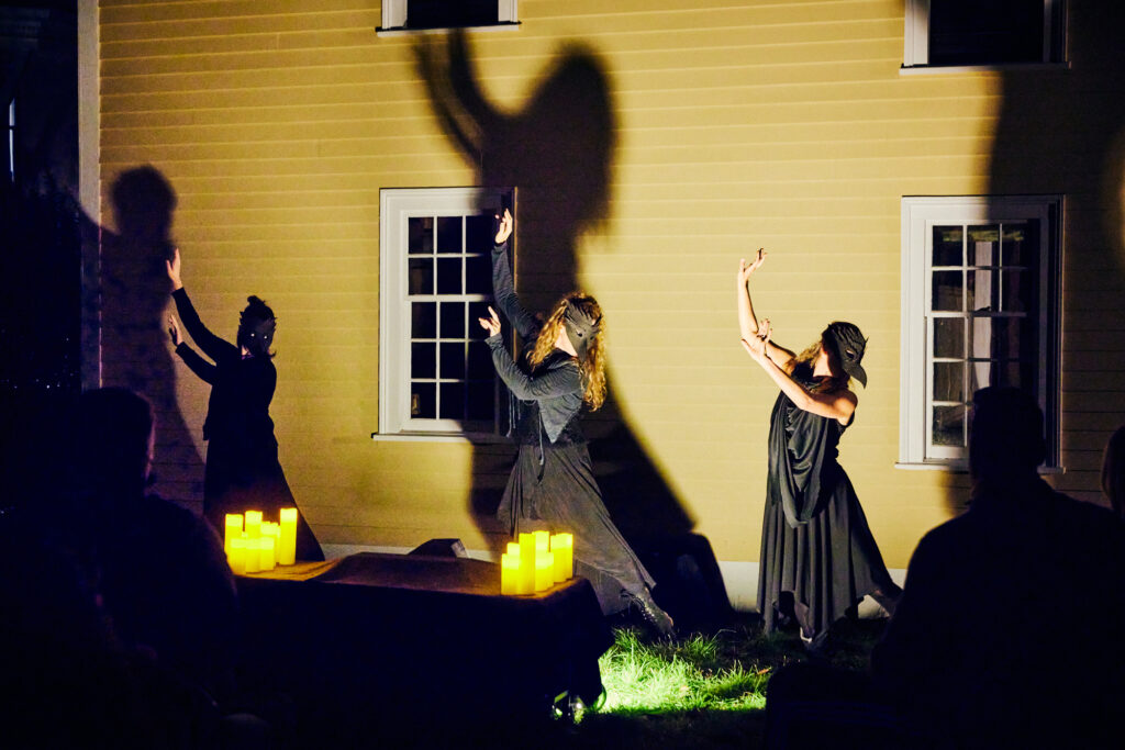 Performers in black costumes and masks dance against a lit building, casting large shadows.