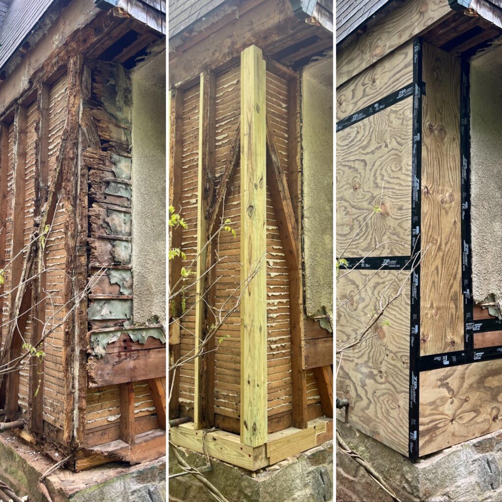 Triptych of house wall repair: damaged, partially restored, and fully restored with plywood.