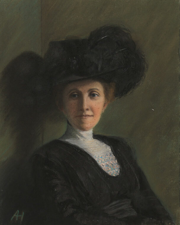 Three-quarter length portrait of a seated woman wearing a large black hat trimmed with black ostrich feathers and a black dress with scoop neck and white collar. Dark olive green background. Dark oak frame.