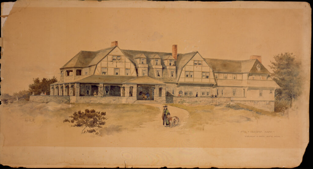 Illustration of Hotel Islesboro in Maine with a large building, stone porch, and path. Transcribed Text: Hotel "Islesboro, Maine" Wheelwright and Haven, Architects, Boston.