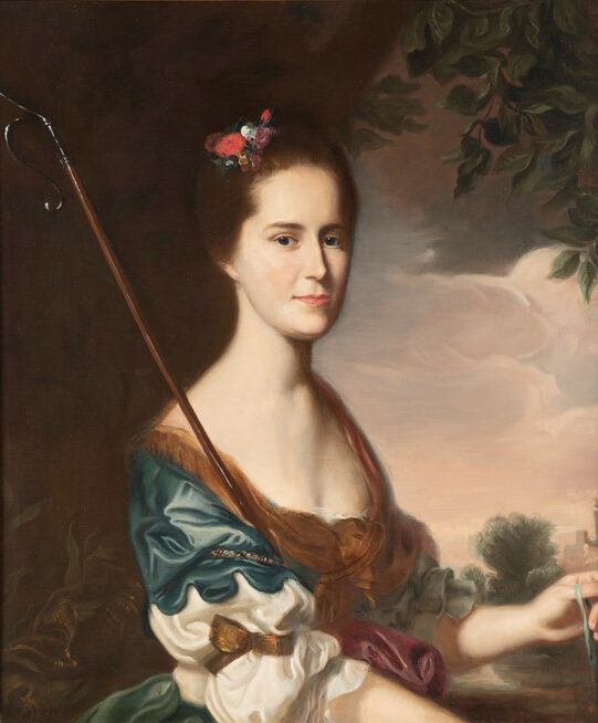 The image is a painting of a woman depicted in three-quarter view, gazing forward with a composed expression. The woman is dressed in a historical, ornate gown with a deep, squared neckline. Her dress is composed of a rich blue-green bodice with flowing fabric and puffed sleeves, accented with white and brown elements. She wears her hair up, adorned with small, colorful flowers. The background features soft, cloudy skies with hints of foliage on the right side, creating a serene outdoor setting. A long, thin staff or rod is held gently in her right hand, extending diagonally across the painting.
