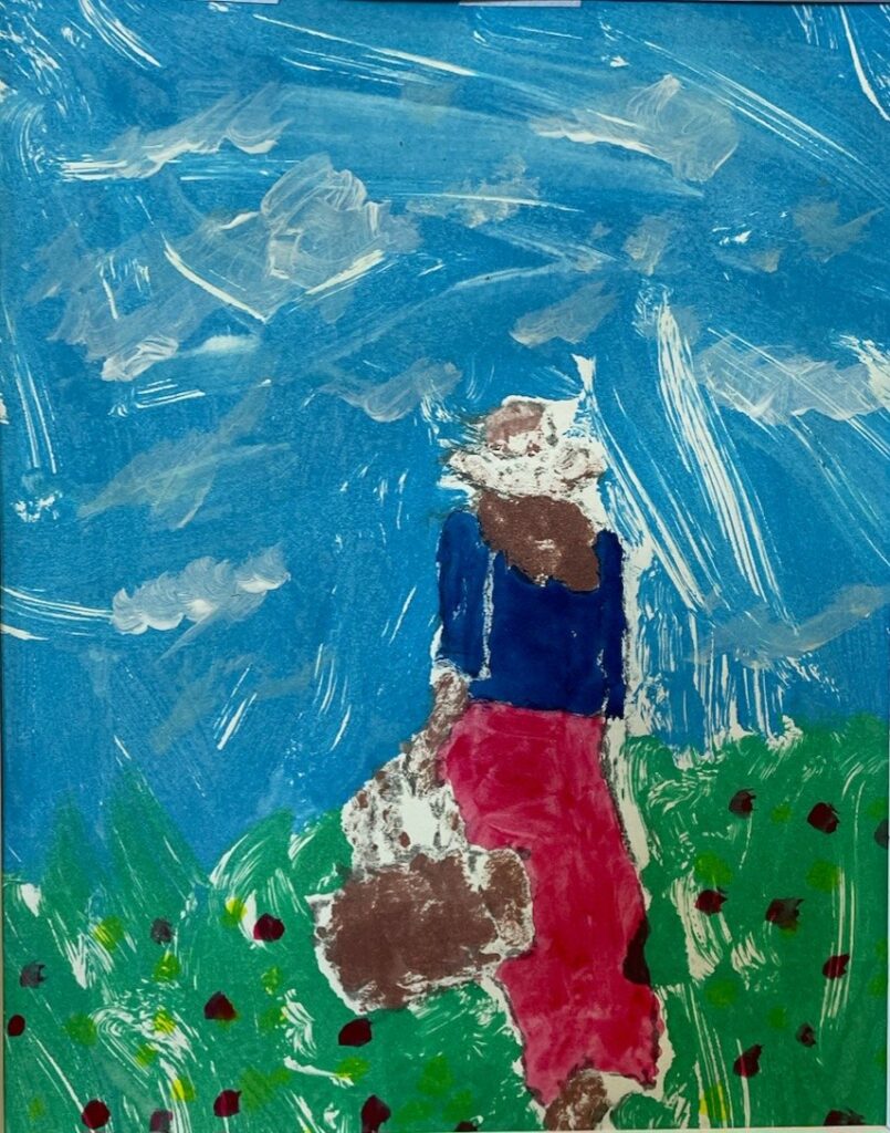 Abstract painting of a figure in a green field under a blue sky with clouds.