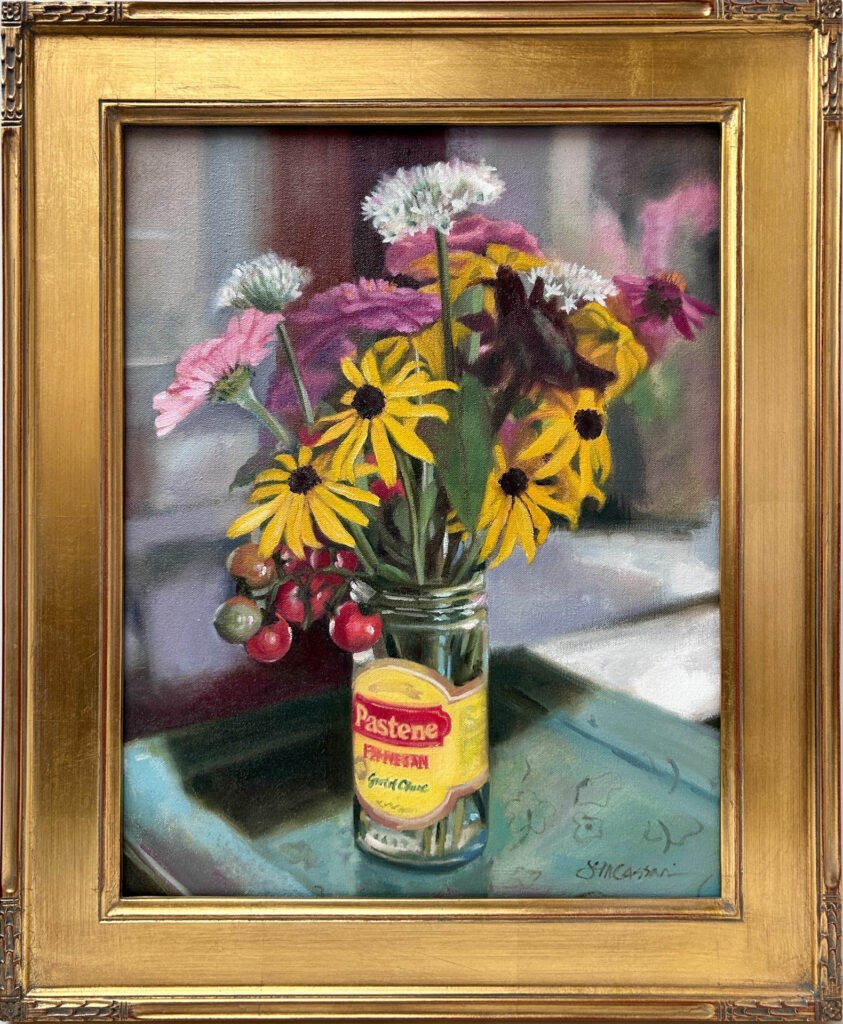 A painting of a bouquet in a "Pastene" jar within a gold frame.