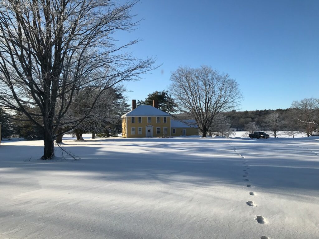 A yellow house surrounded by snow-covered ground with footprints leading to it, and bare trees under a clear blue sky.