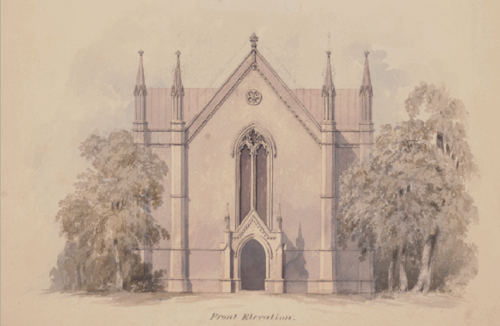 Gothic Revival church facade with pointed arches and spires, framed by lush trees. Front elevation watercolor illustration.