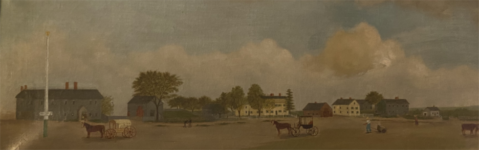 A rural scene with horse-drawn carriages, buildings, and people under a cloudy sky.