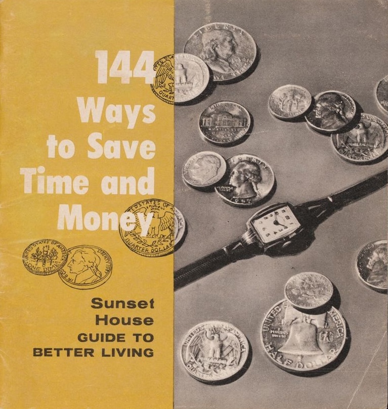 A vintage brochure cover with yellow text on the left and a black-and-white photo of coins and a wristwatch on the right.