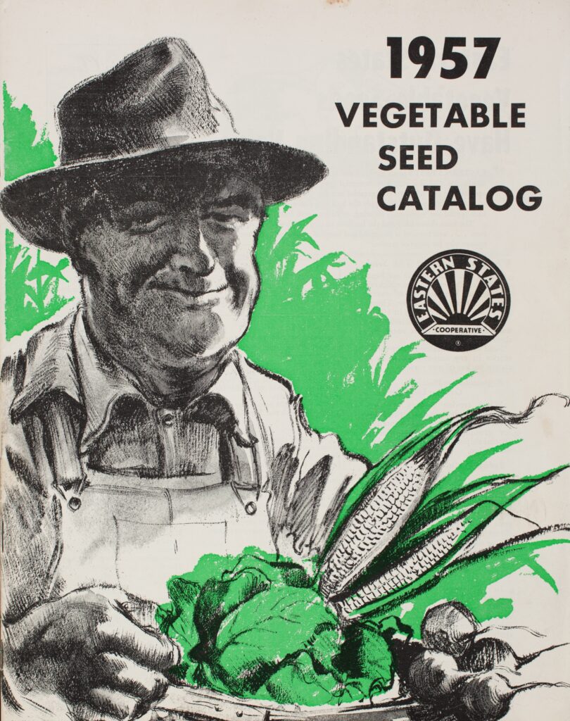 Cover of the "1957 Vegetable Seed Catalog" featuring a sketch of a man in a hat with vegetables, and the Eastern States Cooperative logo.