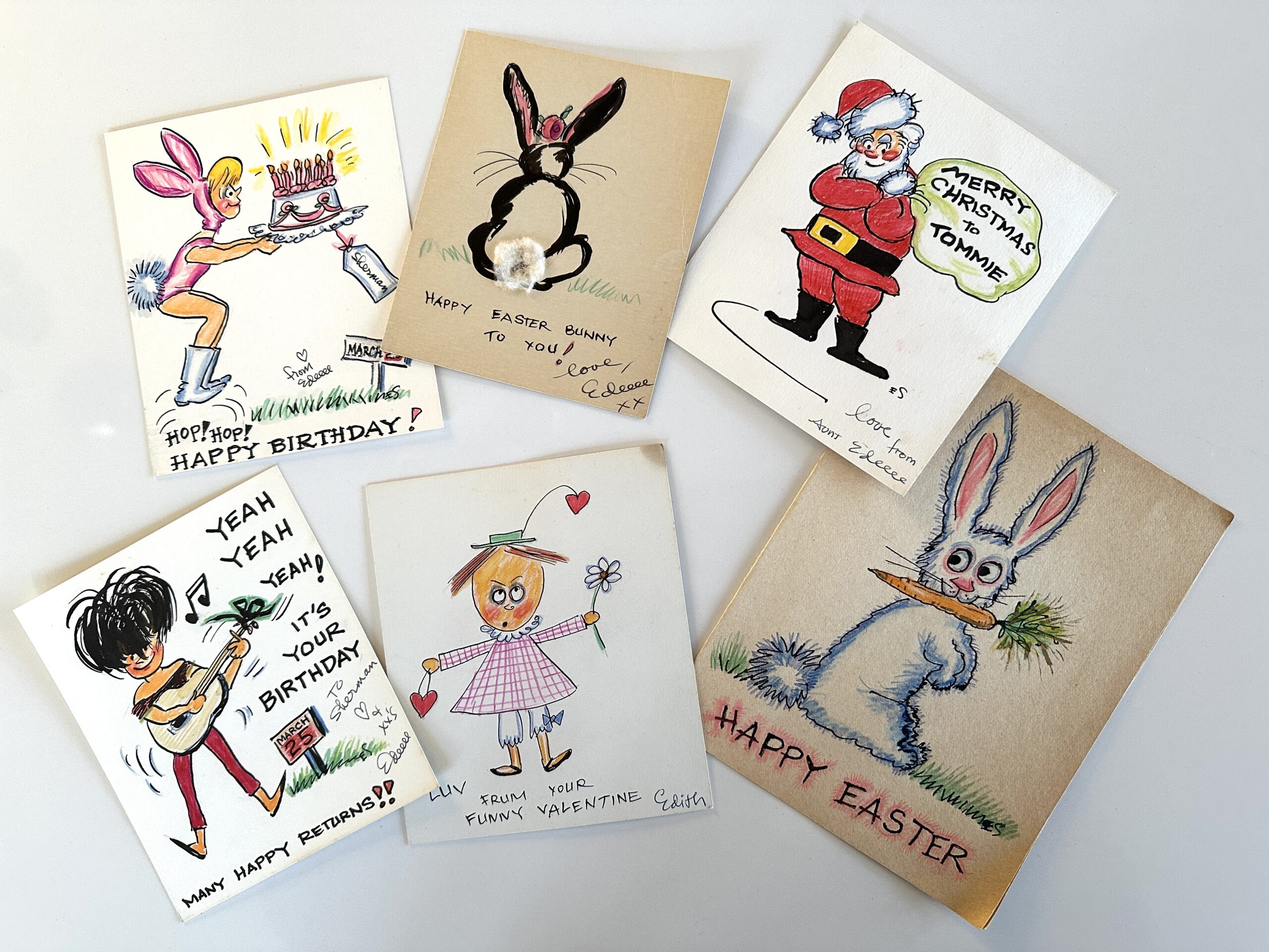 A collection of six colorful greeting cards with various illustrations of people and animals celebrating different occasions like birthdays, Valentine's, Easter, and Christmas.