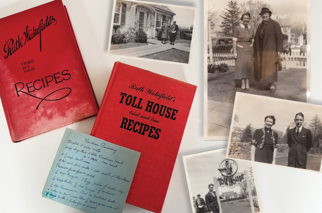 Two red recipe books surrounded by sepia-toned photographs and a blue handwritten recipe card. Transcribed Text: Ruth Wakefield's Tried and True Recipes Ruth Wakefield’s Toll House Tried and True Recipes Nestle Toll House Cookies My contribution to this country’s depleted morale was a recipe for chocolate chip cookies: the first time this new recipe was used, the house became filled with the unmistakable aroma of chocolate baking in an oven!