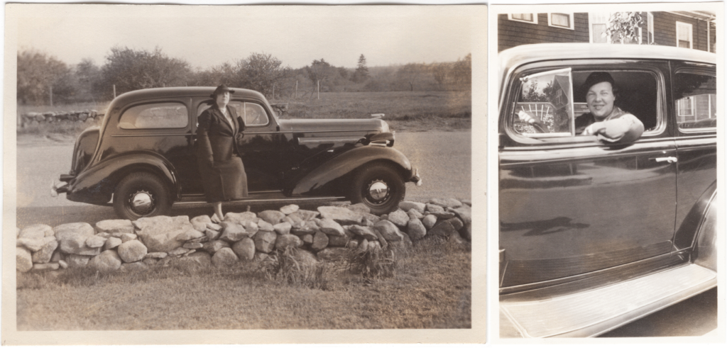 Two vintage photos: One of a person beside a 1930s car; another of a person smiling from the driver's seat.