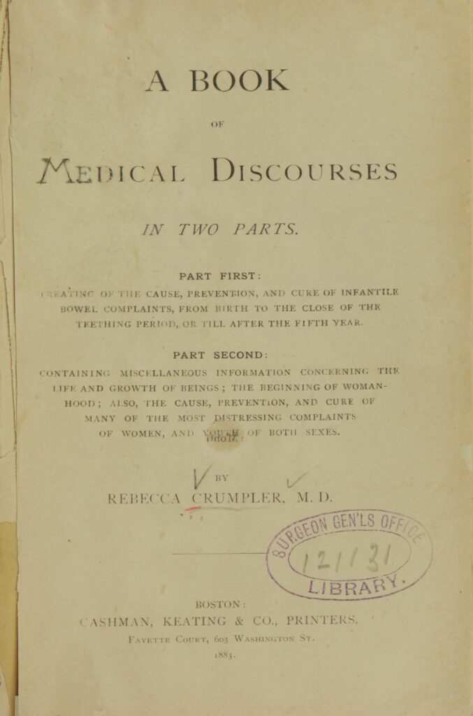 Title page of "A Book of Medical Discourses" by Rebecca Crumpler, published in 1883.