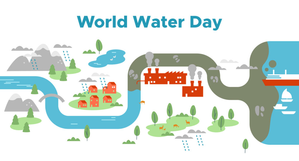 Illustration depicting water flow from mountains through residential and industrial areas to the ocean, for World Water Day.