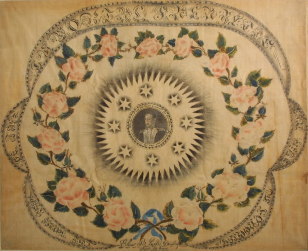 An ornate artwork with a central portrait surrounded by stars and a wreath of pink roses. Transcribed Text: "Col. Elisha Porter of Hadley Elisha B. Taylor's Drawing"