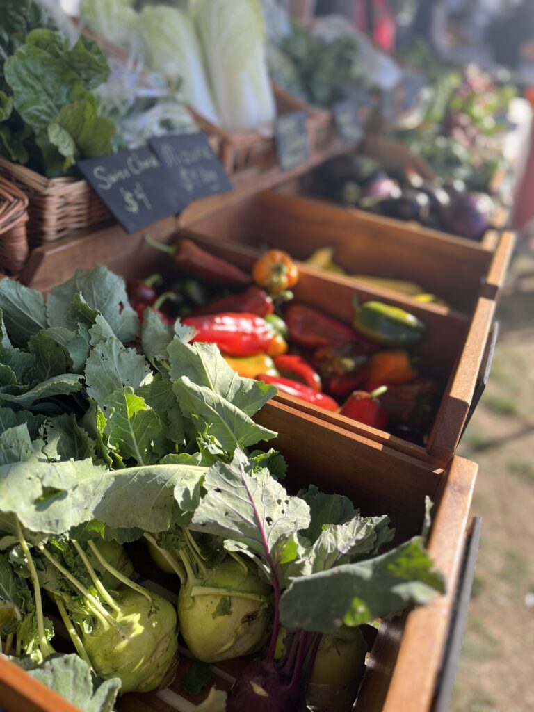 Vibrant farmers market scene with fresh kohlrabi, peppers, and greens in wooden crates, capturing lush, colorful produce.